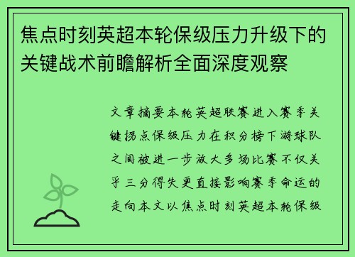 焦点时刻英超本轮保级压力升级下的关键战术前瞻解析全面深度观察